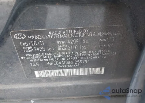 2011 Hyundai Sonata Gls from USA, damaged, VIN 5NPEB4AC6BH256794